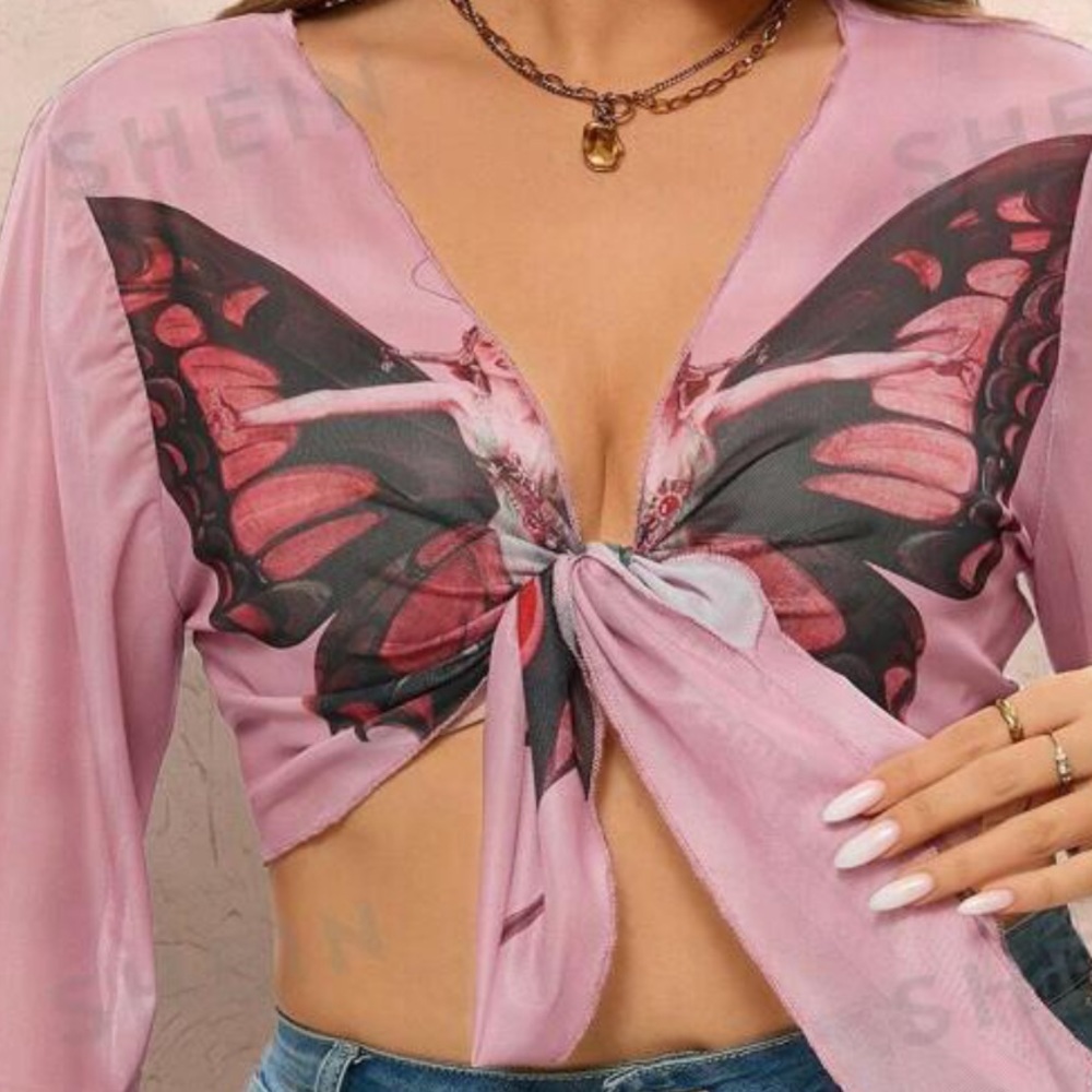 NEW| SHEIN Plus Size Women's Bowknot Butterfly Print Tie Front Top - Picture 3 of 4